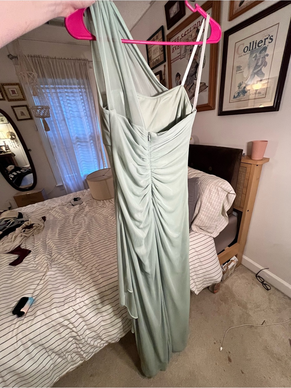 David's Bridal One-Shoulder Sage Green Ruched Gown